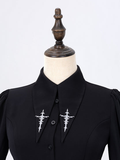Black Foldover Collar Shirt with Cross Embroidery and Long Sleeves - DevilInspired Exclusive Collection