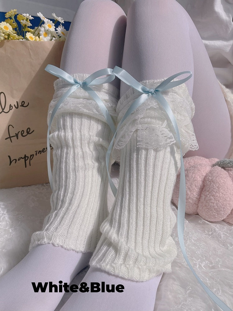 Gestrickte Beinwärmer mit Schleife und Spitzenmanschette in 9 Farben