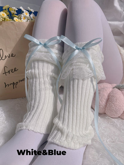 Gestrickte Beinwärmer mit Schleife und Spitzenmanschette in 9 Farben