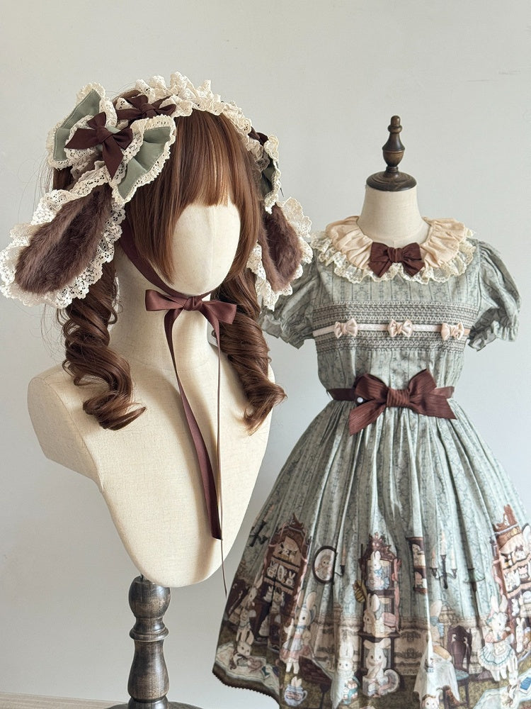 Green-Brown Lace Bow Hairband with Bunny Ears - MAID Lolita Headpieces