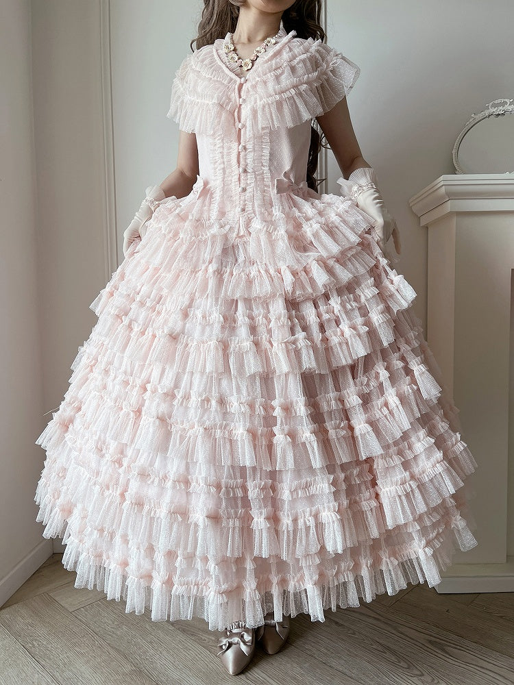 Mesh-Set Rosa Weste Baumwolle Lolita Gürtel Elegante gepunktete Taille - Mehrlagiger Tüllrock Klassisch +