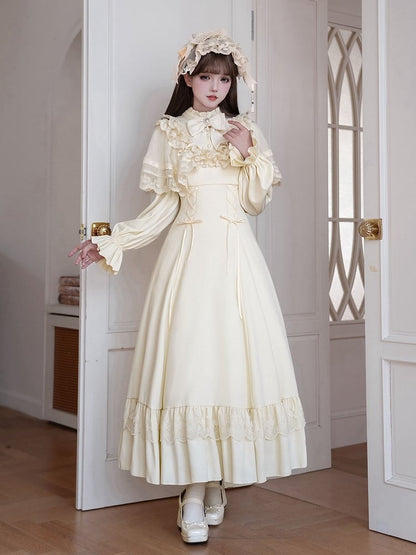 Beige Shawl Waist Ruffle Lace-up with Lolita Dress Detachable Neckline Elegant