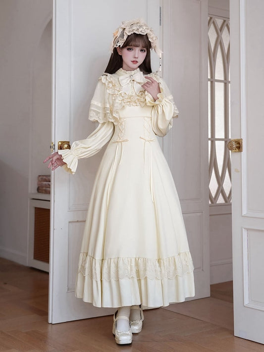 Beige Shawl Waist Ruffle Lace-up with Lolita Dress Detachable Neckline Elegant