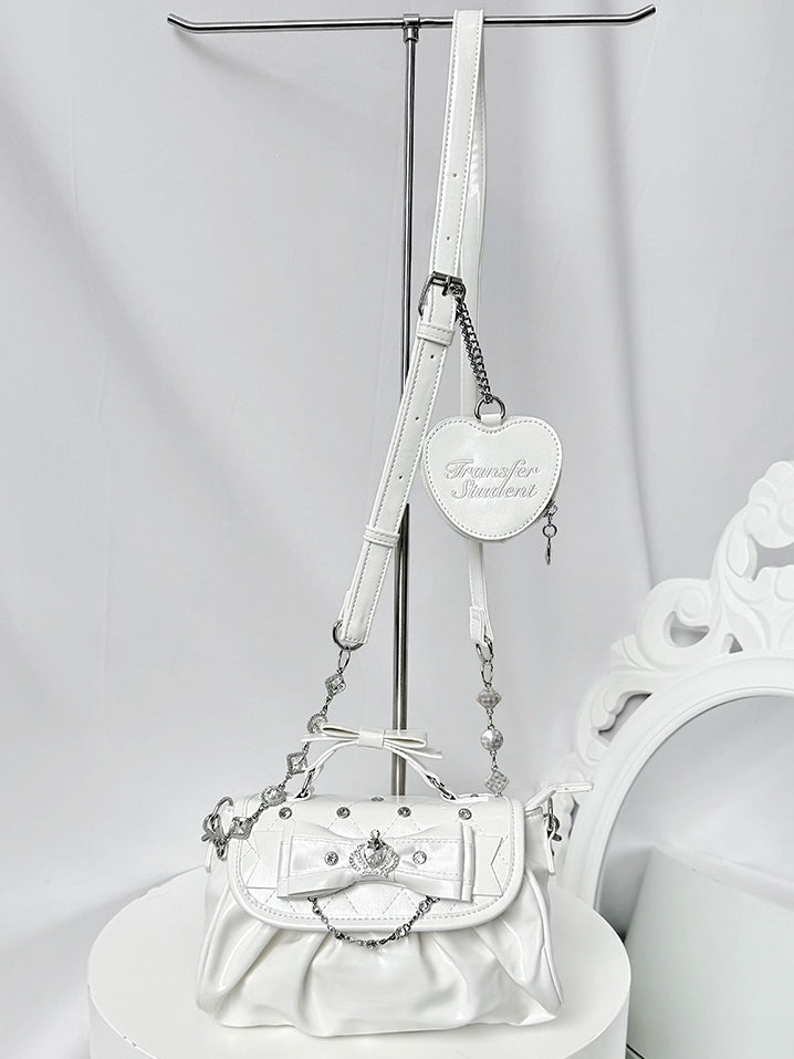 Hand/Crossbody Kei Rhinestone Detachable White Accent Bag Crown-Embellished Strap Bow in Jirai