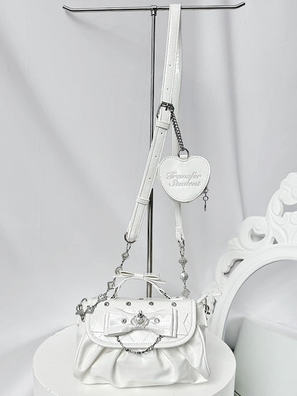 Hand/Crossbody Kei Rhinestone Detachable White Accent Bag Crown-Embellished Strap Bow in Jirai