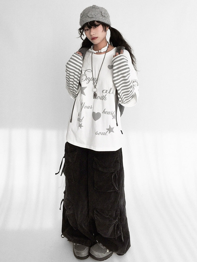Round Grey Neck White Two-piece Sleeve - Top Long