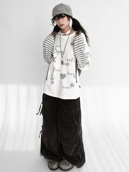 Round Grey Neck White Two-piece Sleeve - Top Long