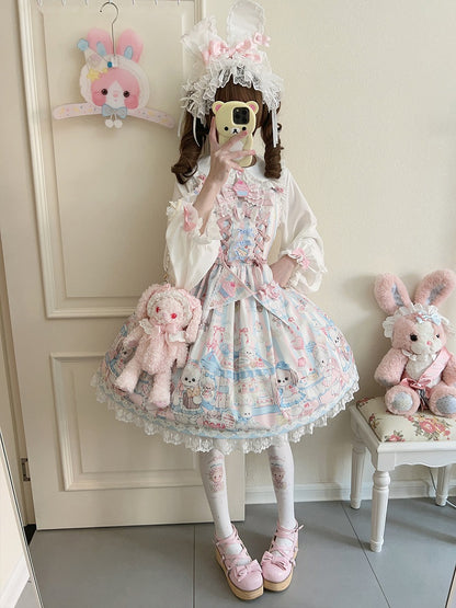 Puppy's Lolita Sweet Print Dress Afternoon with Ribbon Flags Tea