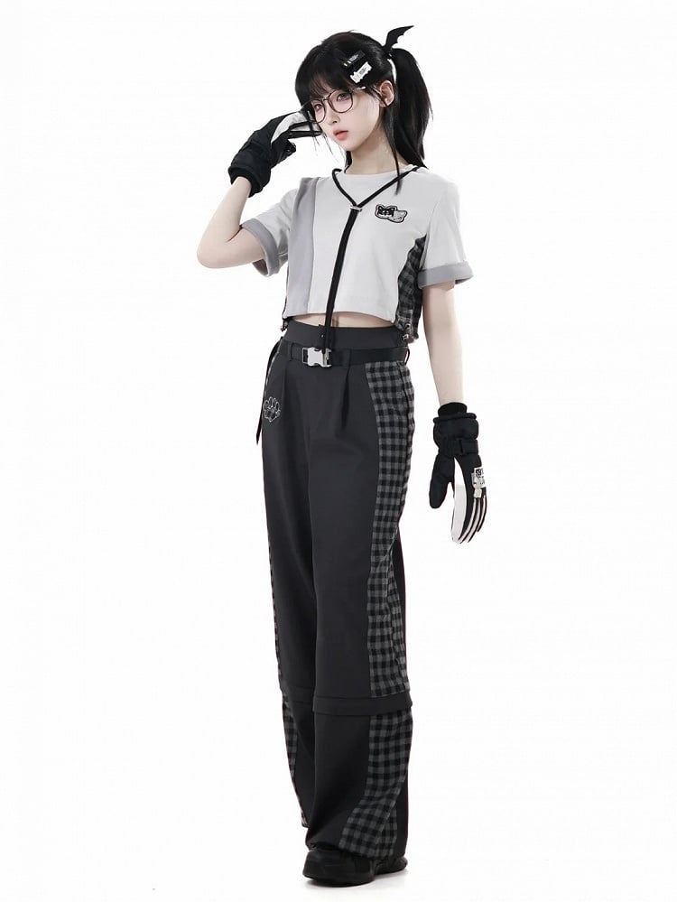 Patchwork Design Plaid Techwear Cropped T-Shirt Gray Colorblock Design