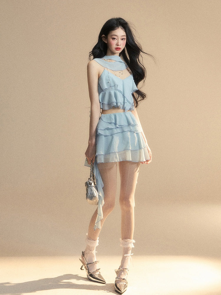 Tiered Ruffles Cropped Cami Top Scarf Free Blue Chiffon V-Neck with