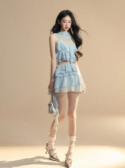 Blue Chiffon Tiered Skirt Mini Asymmetrical Ruffled Hem Slim-fitting