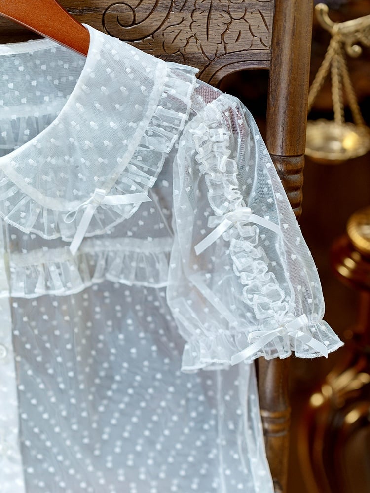 White Peter Pan Collar Polka Dot Sheer Tulle Top - Dream Magic Box