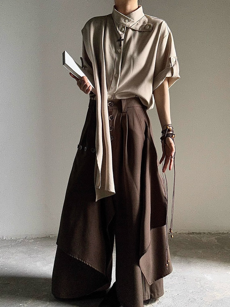 Button Unisex Khaki Extended Short Sleeve Shirt with Collar Stand