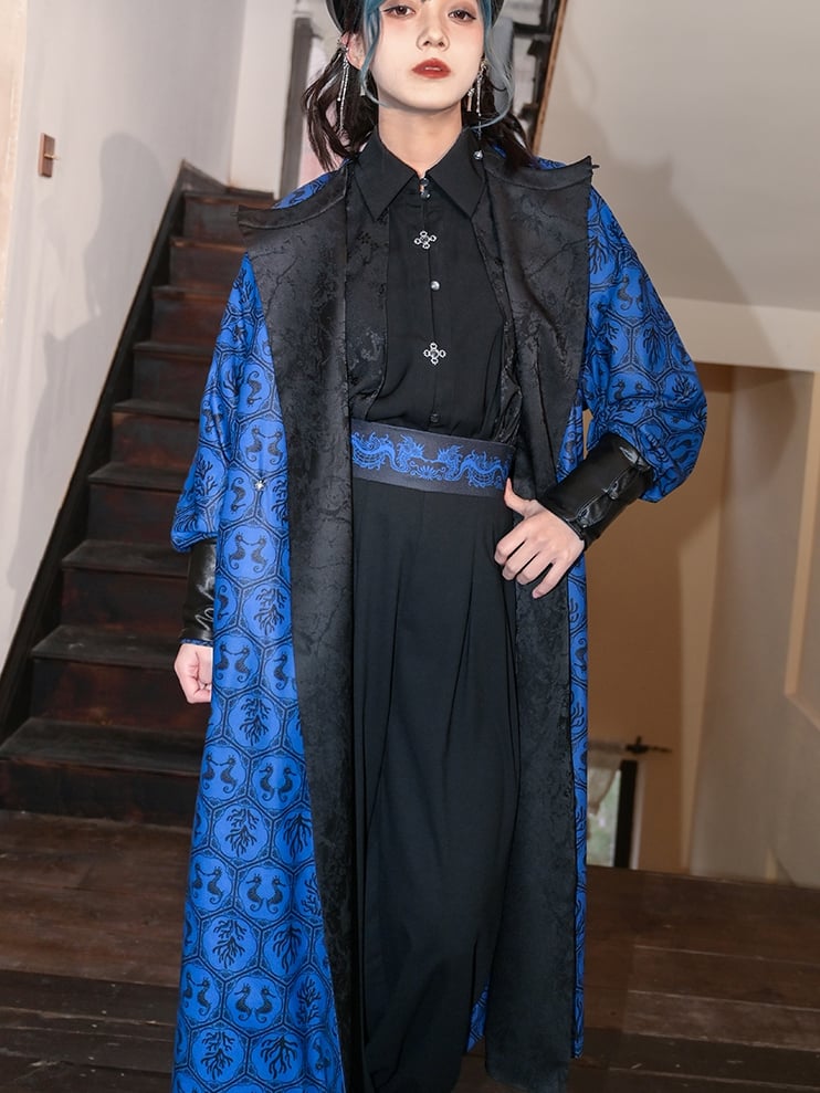 Cheongsam Style Long Coat Print and Blue Coral Black Jacquard Seahorses Reversible