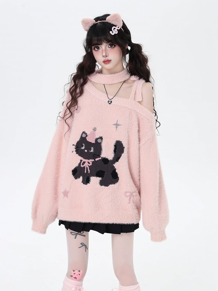 Pink/White Cozy One-Shoulder Fuzzy Balloon Sleeve Sweater with Cat and Bow Patterns