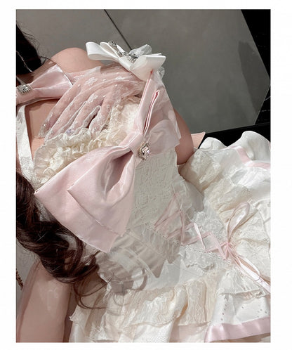 クリーミーな蝶結び生地のティアードパフィースカート、ホルターネック、バースデーコルセットドレス