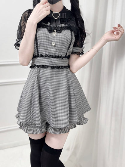 Set Shorts Sweetheart Black + Houndstooth Kei Decoration Bowtie Jirai Lace -Shirt Top Shawl Rhinestone Collar