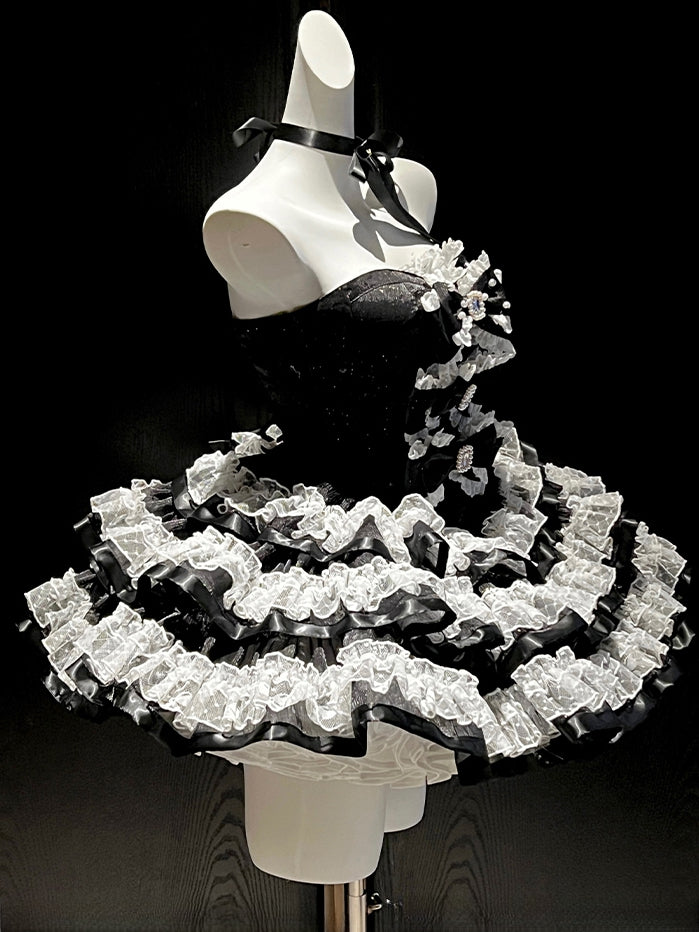 Black Bows Decorated Bodice Sweet Layered Skirt Princess Birthday Strapless Dress