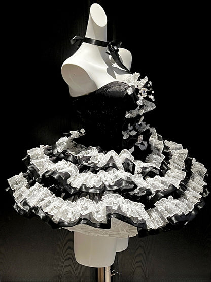 Black Bows Decorated Bodice Sweet Layered Skirt Princess Birthday Strapless Dress