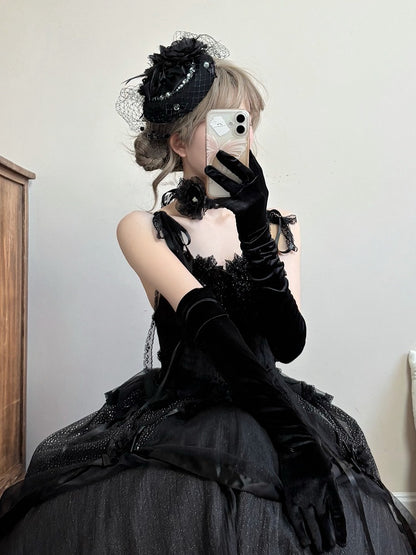 Mesh Hat and Black Mini Decorated Bows Flowers