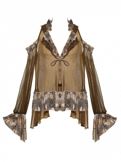 トップス カットアウトショルダー ダークパンク ウェイストランドスリーブ セミシースルーデザイン ロングVネック ブラウン