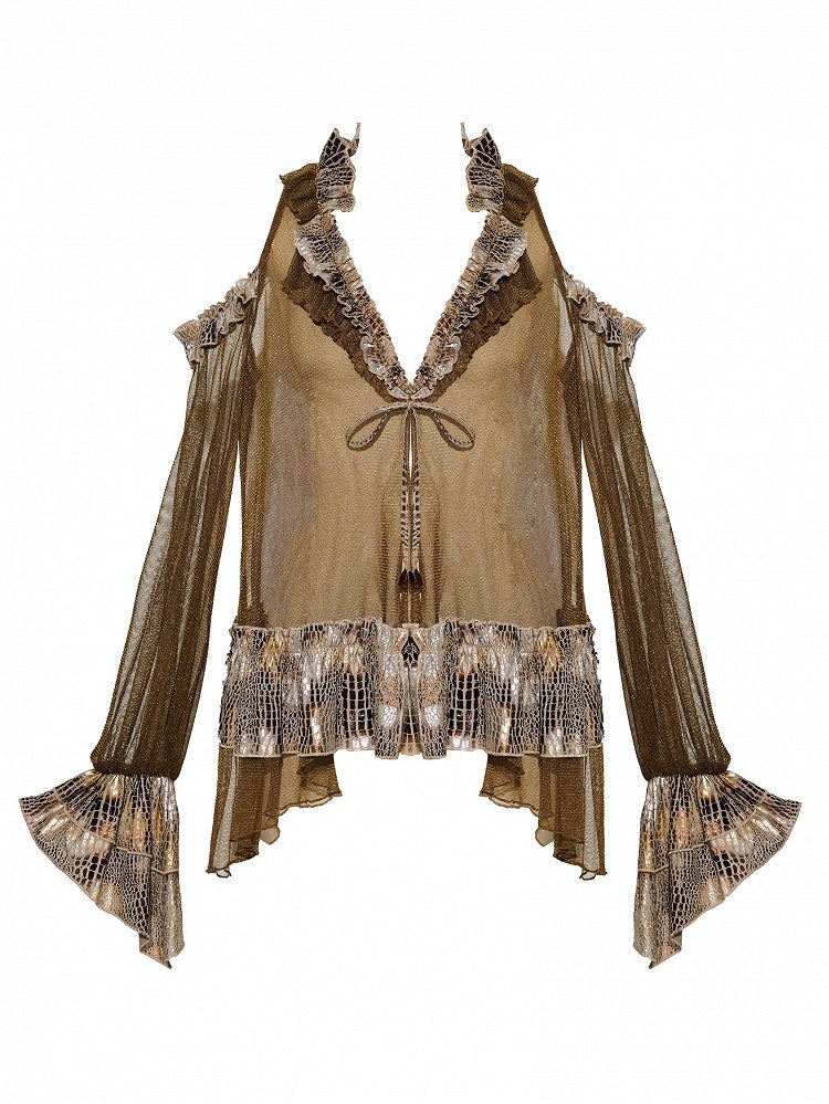 Shoulder Brown V-neck Wasteland Punk Sleeves Dark Top Design Long Cutout Semi-sheer