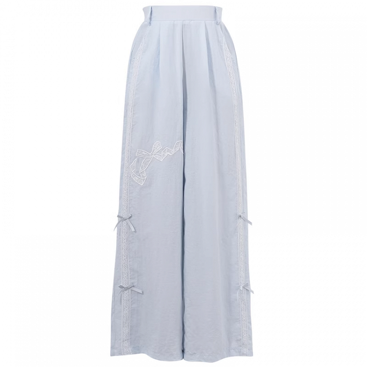 Version Regular/Short Blue Wide-Leg Pants Bowknot Embroidery High Waist