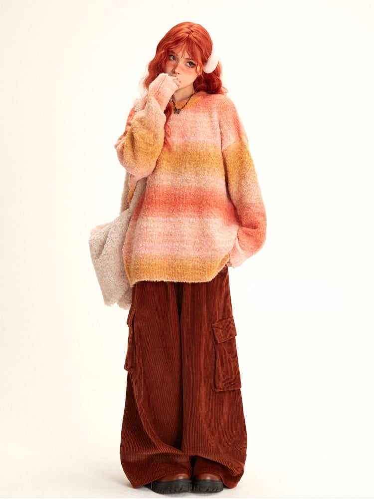 Knit Gradient Pullover Orange Rainbow Pink Sweater