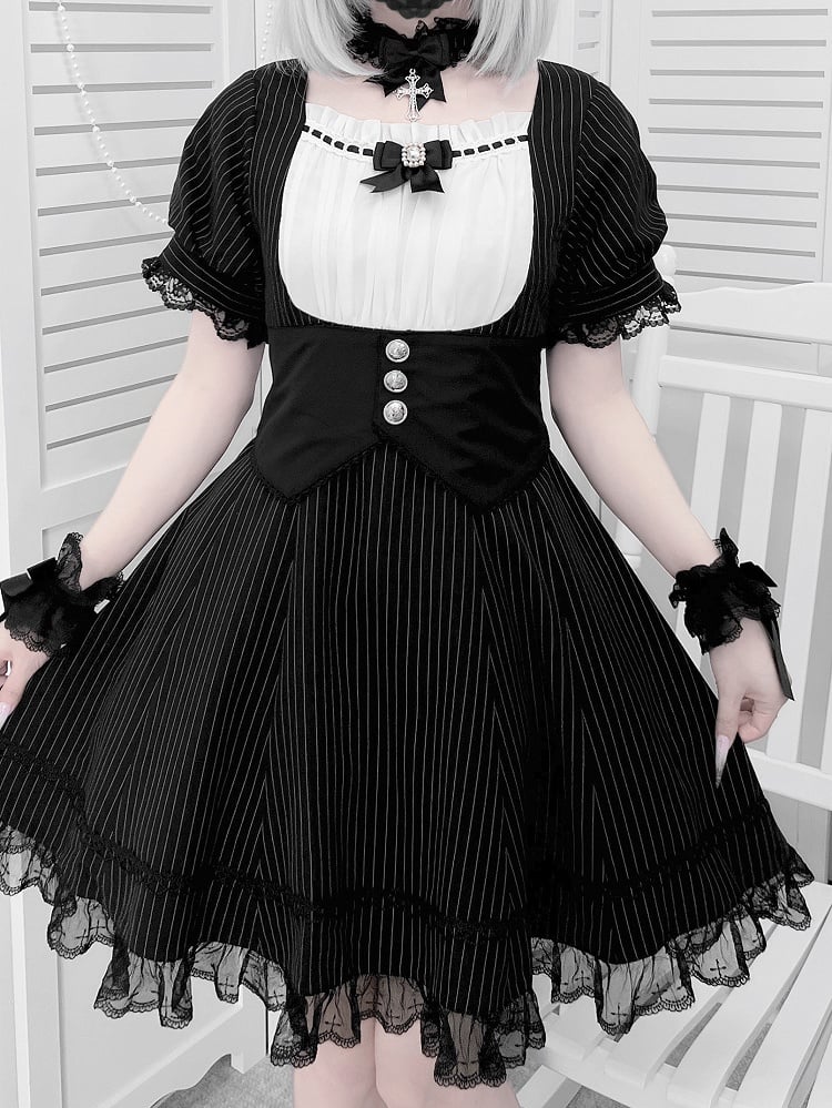 Dress Black Full Striped Waist Jirai Kei Set Corset Belt Design at with