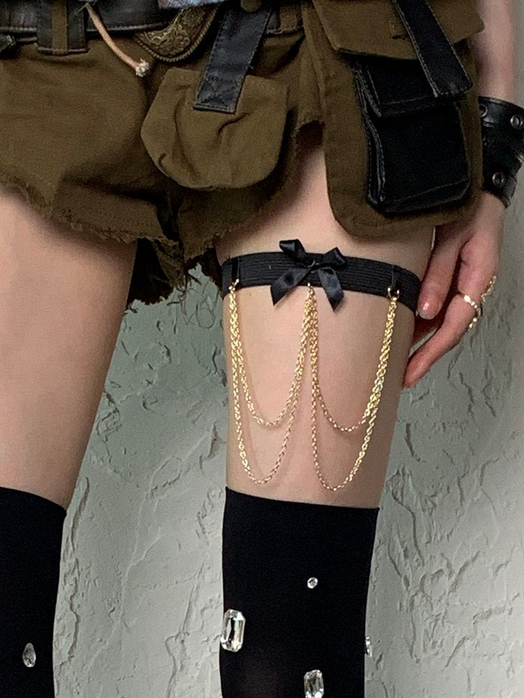 Charm Verzierte Kette Y2K Strumpfband Schwarz Bowknot