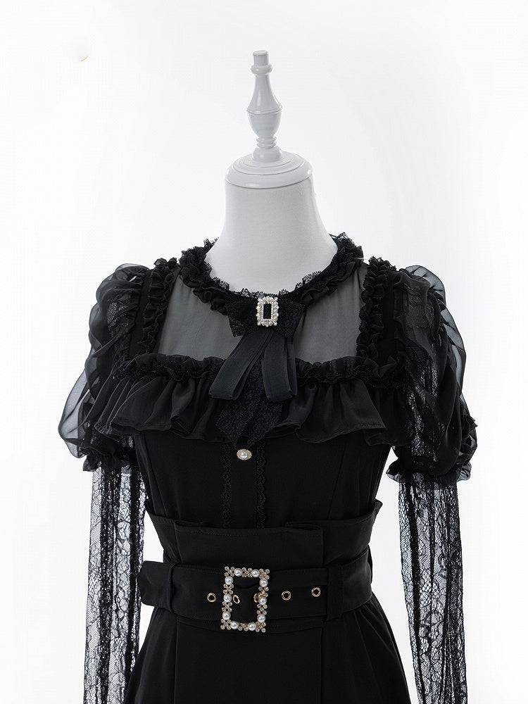 Tie Black Illusion Neckline Juliette Sleeves Jirai Kei Lace Blouse+Bow