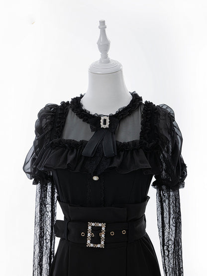 Tie Black Illusion Neckline Juliette Sleeves Jirai Kei Lace Blouse+Bow