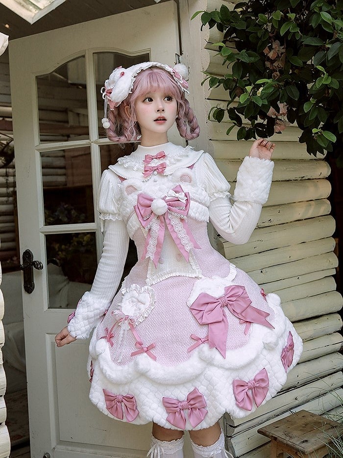 White Bow Applique Sweetheart Plush Pink Details Lolita Dress with and Sweet Accents