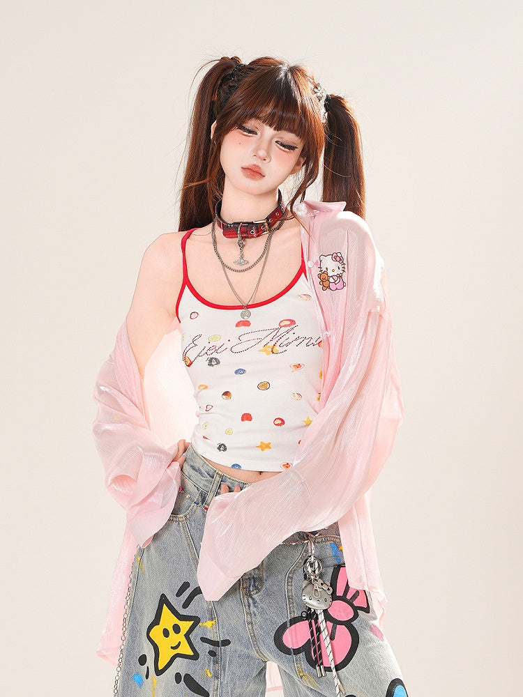 ハートピンク/アプリコットサンプロテクションシャツ フリルバックリボンディテール