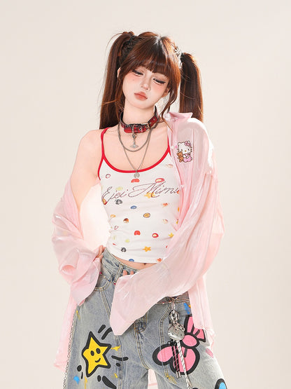 ハートピンク/アプリコットサンプロテクションシャツ フリルバックリボンディテール