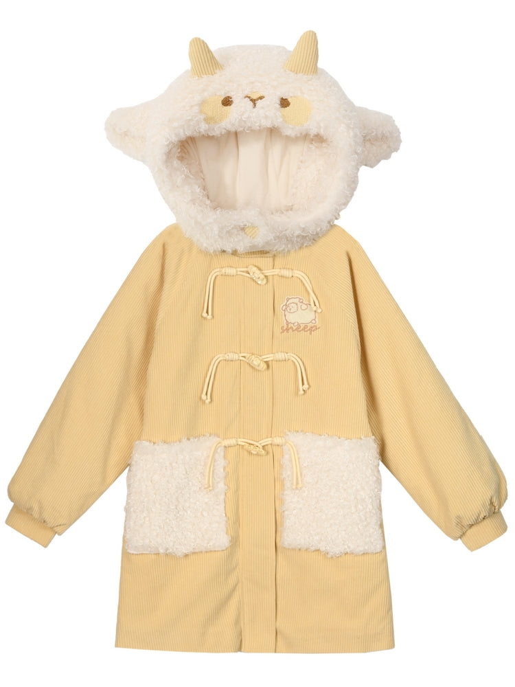 Milchgelber süßer Cord-Dufflecoat mit Lammkapuze