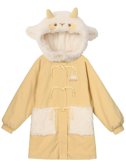 Milchgelber süßer Cord-Dufflecoat mit Lammkapuze