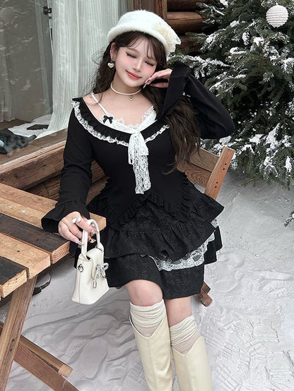 Plus Size Schwarzes Fake-Zweiteiler-Oberteil mit Rüschenbesatz und V-Ausschnitt und langen Ärmeln