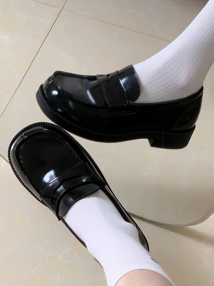Preppy JK with Square Slip-in Design Toe Heels Low Style Black Fit