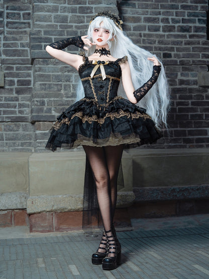 Fabric with Black Jacquard Boned Big Dress Train Balletcore Basque Bow Hime Lolita Waist