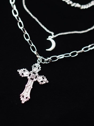 Silver Gothic Layered Necklace with Cross & Moon Charms - Strange Sugar