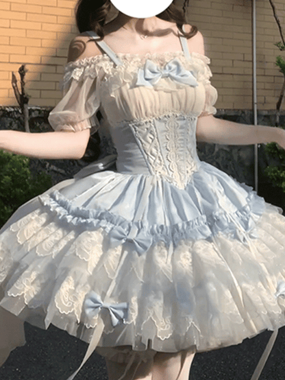 Layered Big Balletcore Lace-up Boned Waist Sweet Lolita Jumper Train Bow Skirt Blue White with Hem Lace and