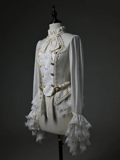 White Jabot Ruffled Long Sleeve Ouji Lolita Top with Cascading Cuffs