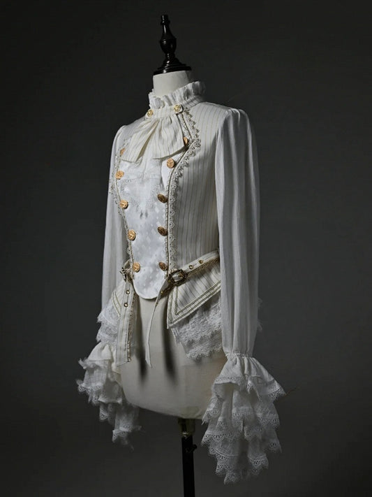 White Jabot Ruffled Long Sleeve Ouji Lolita Top with Cascading Cuffs