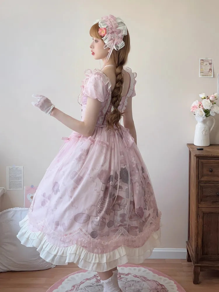 Taille gewellt rosa Trim Bunny Edge Prinzessin Kleid Rock Lolita Print Rüschen Baskisch