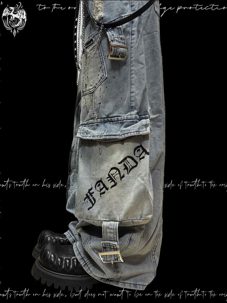 and Blue Distressed Cargo Wide-Leg Edgy with Pockets Jeans Graffiti Accents
