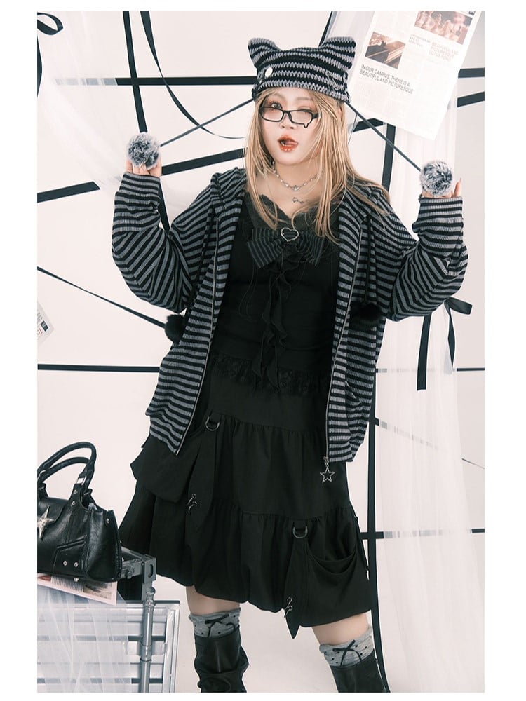 Skirt Hooked Black Plus Elastic Bubble with Knee-Length Waist Size Pockets