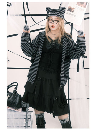 Skirt Hooked Black Plus Elastic Bubble with Knee-Length Waist Size Pockets