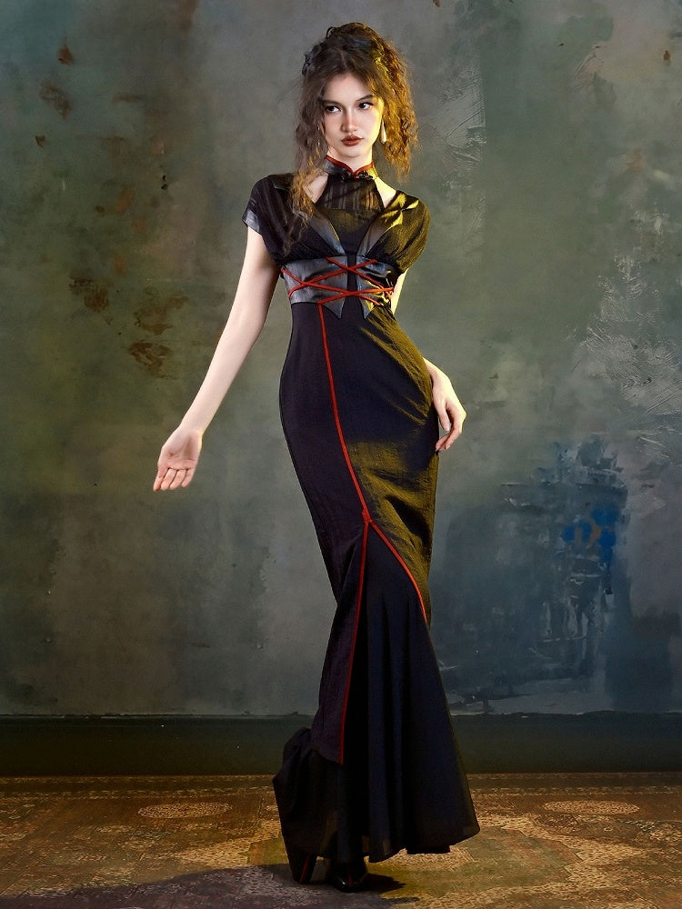 Red Lace-up Detail Knee-high Slit Dress with Detachable Padded Cups - sijinstudio