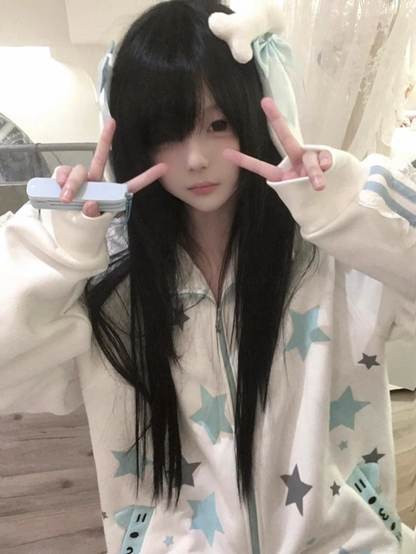 with Sweatshirt Print / Star Zip-Up Black White